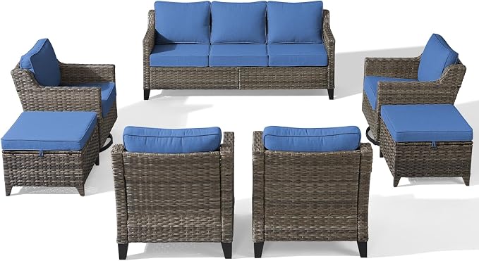 Outdoor Furniture Set of 7, Patio Furniture Set with 4 Wicker Swivel Rocker Chairs, 2 Ottomans and Sofa, High Back&Deep Seat for Garden Deck Porch Balcony Backyard - Blue