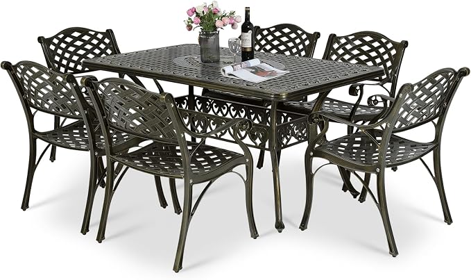 VIVIJASON 7-Piece Patio Furniture Dining Set, All-Weather Retro Cast Aluminum Outdoor Conversation Set, Include 6 Chairs and a Rectangle Table with Umbrella Hole for Balcony Lawn Garden Backyard
