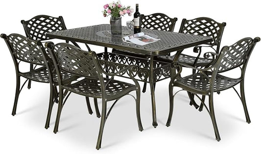 VIVIJASON 7-Piece Patio Furniture Dining Set, All-Weather Retro Cast Aluminum Outdoor Conversation Set, Include 6 Chairs and a Rectangle Table with Umbrella Hole for Balcony Lawn Garden Backyard