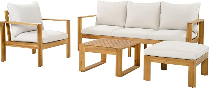 Virubi 4-Piece Acacia Sectional Patio Sofa Set, Water-Repellent Cushions, Transitional Style Outdoor Conversation Set with 3-Seater Sofa, Chair, Coffee Table & Ottoman