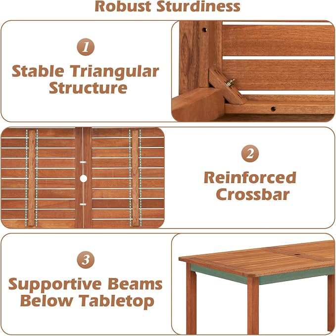 Tangkula 59 Inches Hardwood Patio Dining Table for 6, Outdoor Solid Wood Dining Table with Umbrella Hole & Teak Oil Finish, Rectangular Outside Dining Table for Backyard, Porch, Deck, Garden