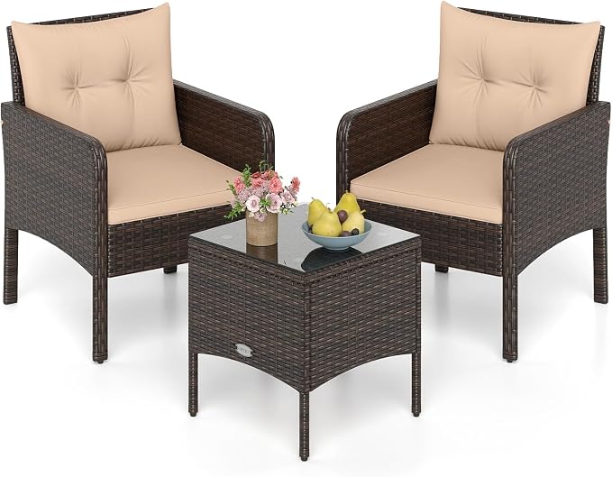 Tangkula 3 Pieces Patio PE Wicker Furniture Set, Outdoor Bistro Conversation Set with Cushions and Tempered Glass Coffee Table, Outside Rattan Table and Chairs for Porch (Beige)