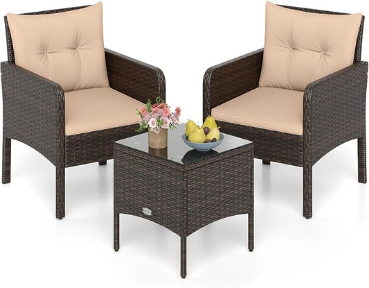 Tangkula 3 Pieces Patio PE Wicker Furniture Set, Outdoor Bistro Conversation Set with Cushions and Tempered Glass Coffee Table, Outside Rattan Table and Chairs for Porch (Beige)