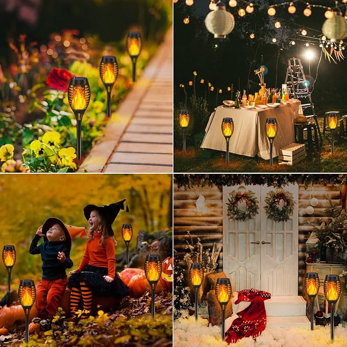 16Pack Solar Torch Light Outdoor Flickering Flame for Halloween Decorations | Solar Lights for Outside Halloween Decor, Waterproof Garden Light Solar Powered, Flame Torches for Yard Pathway Decorations