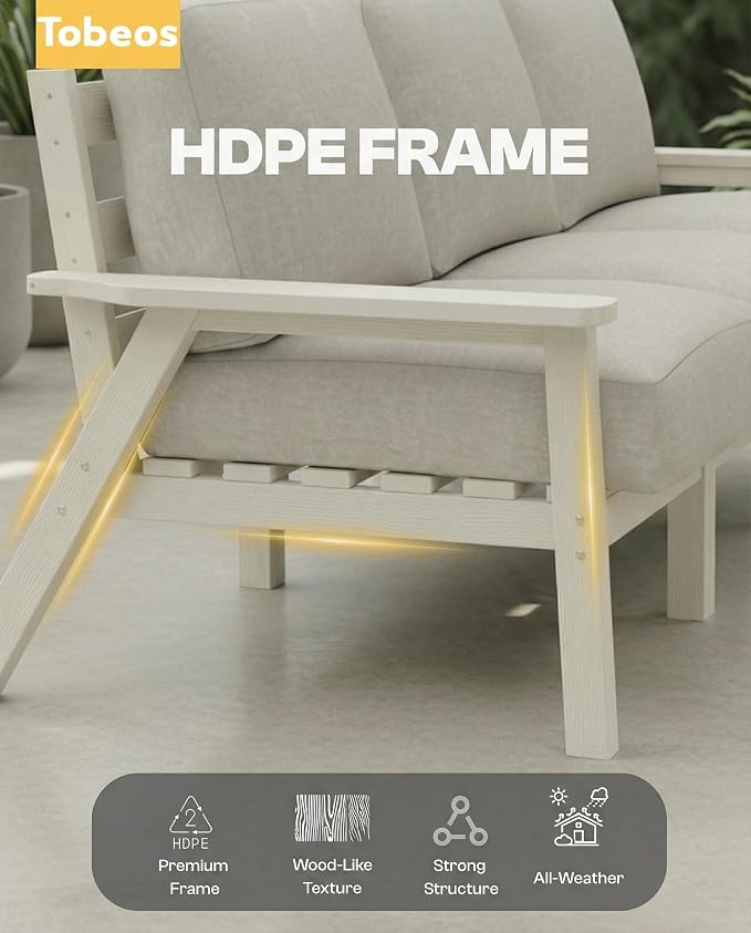 HDPE Patio Furniture Set 5 Seats with Cantilever Umbrella, Outdoor Couch with Washable Thick Beige Cushions & Tables, Outdoor Sectional Furniture for Deck, Lawn, Porch (White Frame)