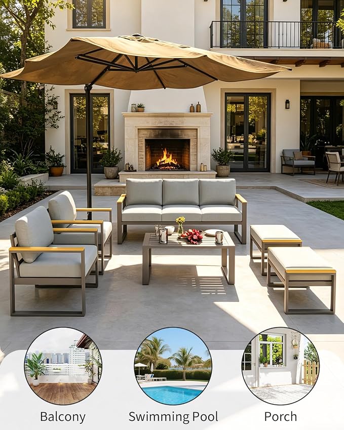 IDEALHOUSE Aluminum Outdoor Patio Furniture - 1 Pcs 3-Seat Sofa and Coffee Table, All-Weather Metal Modern Outside Furniture with Washable Thick Cushion for Balcony, Garden, Deck, Backyard, Gray