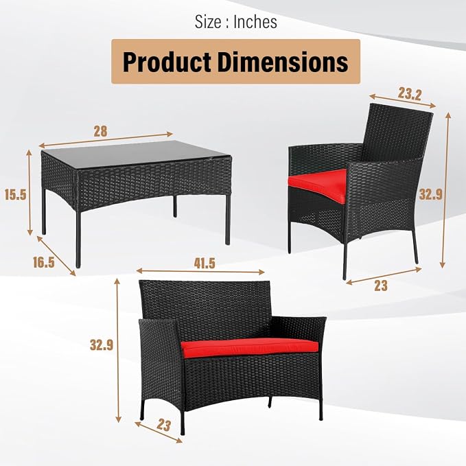NChanmar Patio Furniture Set, 4 Pieces Outdoor Furniture Rattan Chair, Patio Table and Chairs Set, Wicker Sofa for Yard,Pool and Backyard, Red