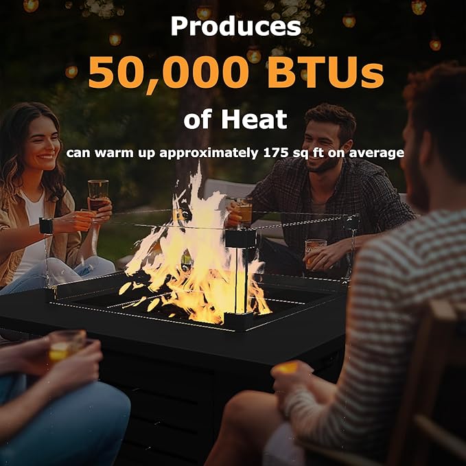 5-Piece Patio Furniture Set with 28” Propane Fire Pit Table, Heavy-Duty Metal Outdoor Conversation Set with Deep Cushions & Wood-Like Armrests for Patio, Porch, Backyard, Garden – Black