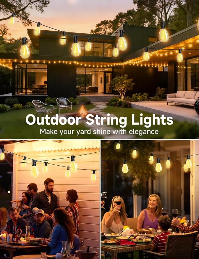 Likesky 50FT LED Outdoor String Lighats with Remote Waterproof Patio Lights with Shatterproof S11 Bulbs, Dimmable Outside Hanging Light Connectable for Porch Backyard Yard Garden Decor 2700K