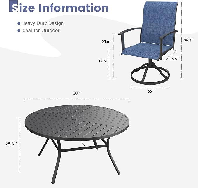 VICLLAX Outdoor Round Table and Chairs Set for 6, Patio Dining Set of 50-Inch Metal Patio Table with Umbrella Hole & 6 Swivel Outdoor Dining Chairs for Backyard Lawn, Dark Blue & Black