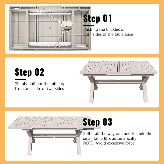 83'' 32'' Extendable Outdoor Dining Table for 6-8, Aluminum Frame with Umbrella Hole for Patio, Garden, Backyard, Deck, Poolside (Milk Coffee)