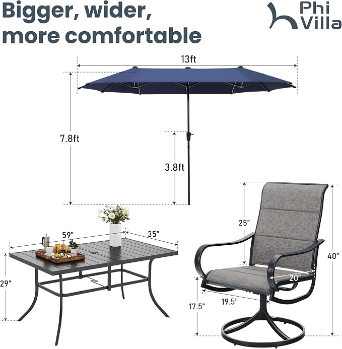 PHI VILLA 8 Piece Outdoor Dining Set with 13ft Patio Umbrella (Navy Blue), 6 Patio Padded Swivel Dining Chairs & 1 Large Metal Dining Table for Lawn Garden Backyard (No Umbrella Base)