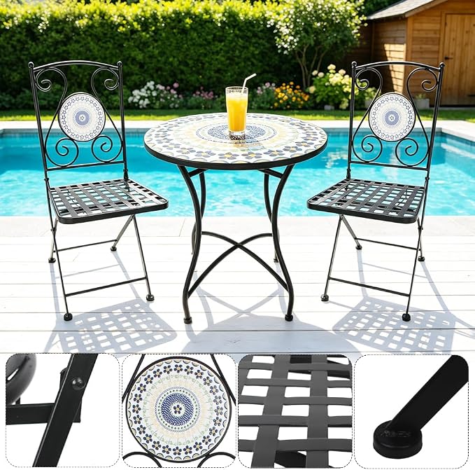3 Piece Bistro Sets Mosaic Tile Round Table Folding Chairs Garden | Set of 3 Patio Furniture 23.6" Table and 2 Chairs Outdoor Bistro Chairs Artistic Table for Balcony Porch Apartment Backyard