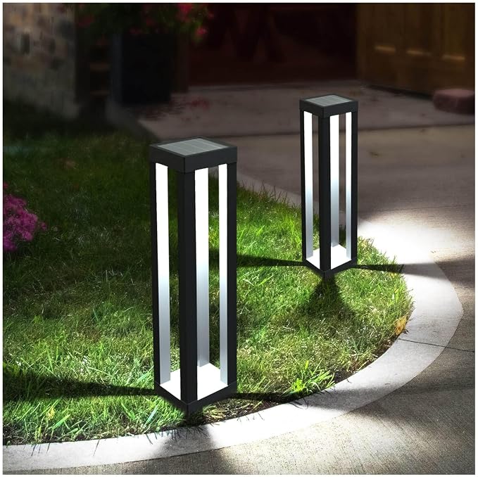 Outdoor Solar Floor Lamps, Modern Tall Lanterns for Patio, 2-Pack | 18.9-in black stainless steel lanterns with dusk-to-dawn solar power, IP65 waterproof and decorative downward lighting