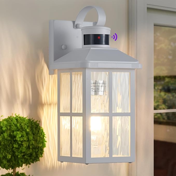 Motion Sensor Porch Light Dusk to Dawn Outdoor Wall Light | Exterior Lighting Fixtures Modern Outside Wall Mount Coach Lamp for House Garage Patio Front Door(White)