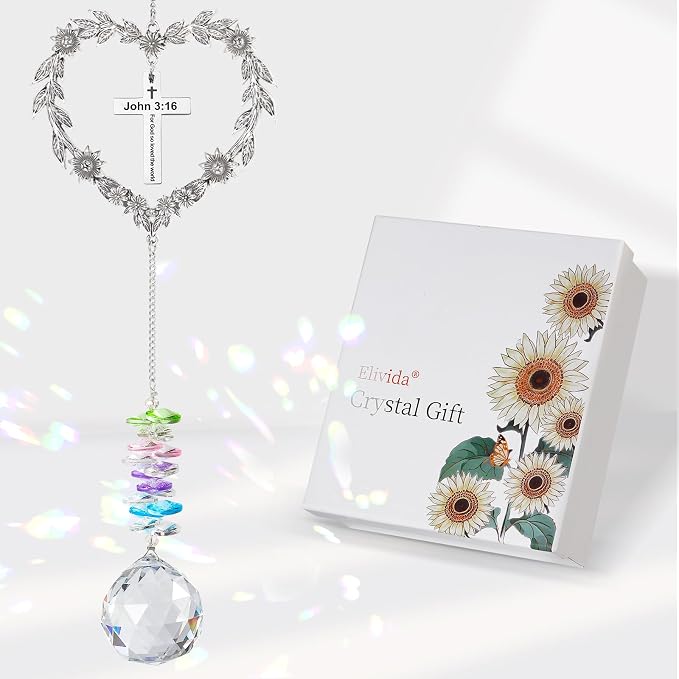 Christian Gifts for Women, Religious Suncatcher for Birthday Friendship | Catholic Baptism Gift, John 3:16 Crystal Ornament with Cross, Bible Verse Indoor Window Decor Spiritual Suncatcher