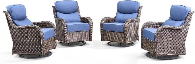 Luxury Outdoor Swivel Rocker Patio Chairs-4 Pieces High Back Swivel Rocker Patio Chairs with Thick Cushions All Weather Wicker Outdoor Furniture Set for Deck Porch Balcony(Brown/Blue)