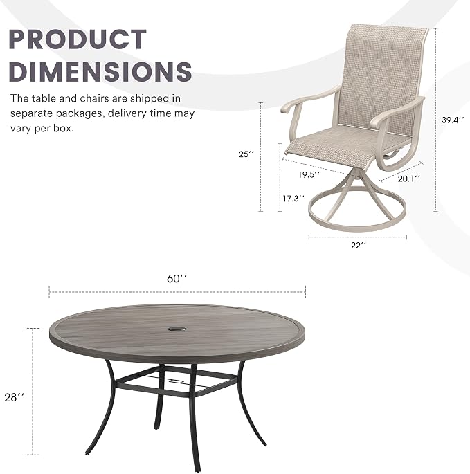 9 Pieces Patio Furniture Dining Set, 8 Textilene Swivel Dining Chairs, 60" Outdoor Round Metal Table with 1.57" Umbrella Hole, Outdoor Dining Set for Porch, Lawn, Garden, Grey/Sand