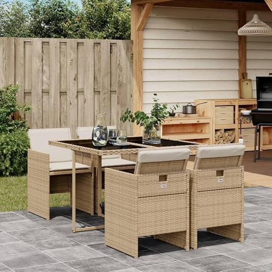 5 Piece Patio Dining Set with Cushions Beige Poly Rattan Outdoor Table and 4 Folding Chairs for Garden Backyard Porch Space Saving Glass Top UV Proof