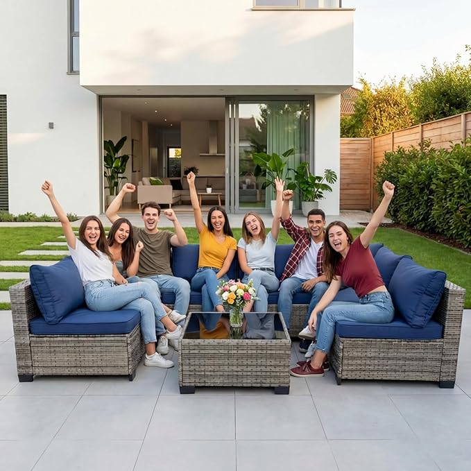 7-Piece Patio Furniture Set, Outdoor Wicker Conversation Sofa Set with Coffee Table & Extra Thick 8.5" Cushions, All-Weather Sectional for Backyard, Porch, Poolside (Navy Blue, 7PCS)