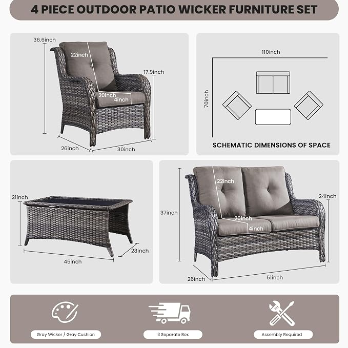 Belord Wicker Furniture 4 Pieces Outdoor Patio Furniture Set Patio Loveseat Sofa Set with Wicker Chairs and Coffee Table, Paito Conversation Set for Porch Garden Deck Balcony Poolside
