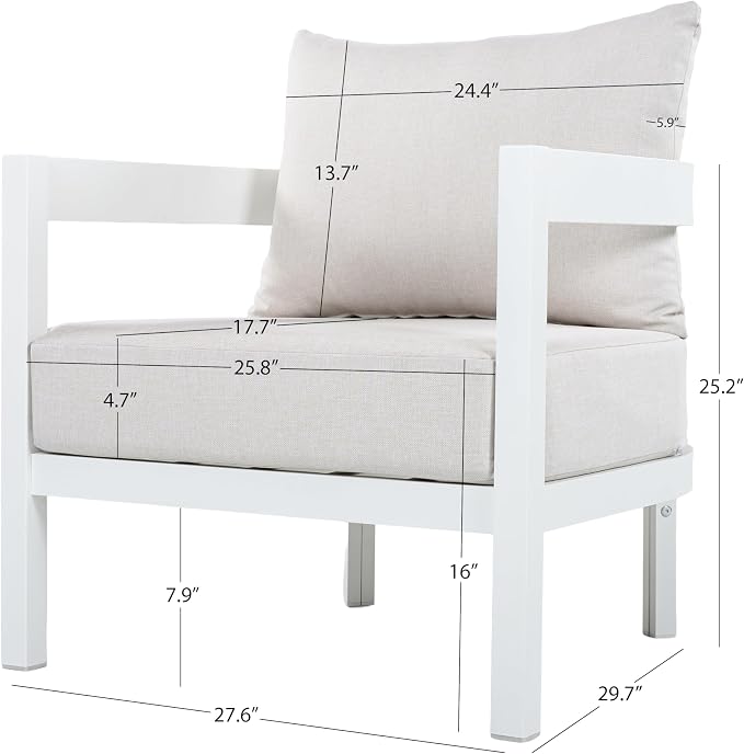 Christopher Knight Home Lula 5-Seater Patio Furniture Set with Coffee Table, 4 Piece Outdoor Conversation Set with Cushion, Aluminum Outdoor Sectional Sofa Set, White+Beige