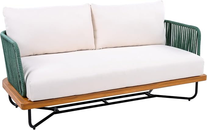 Christopher Knight Home Elly Acacia Wood Outdoor Loveseat and Coffee Table Set, 2 Piece Patio Furniture Set with Metal Frame, Outdoor Conversation Set with Cushion for Backyard, Green+Teak+ Beige