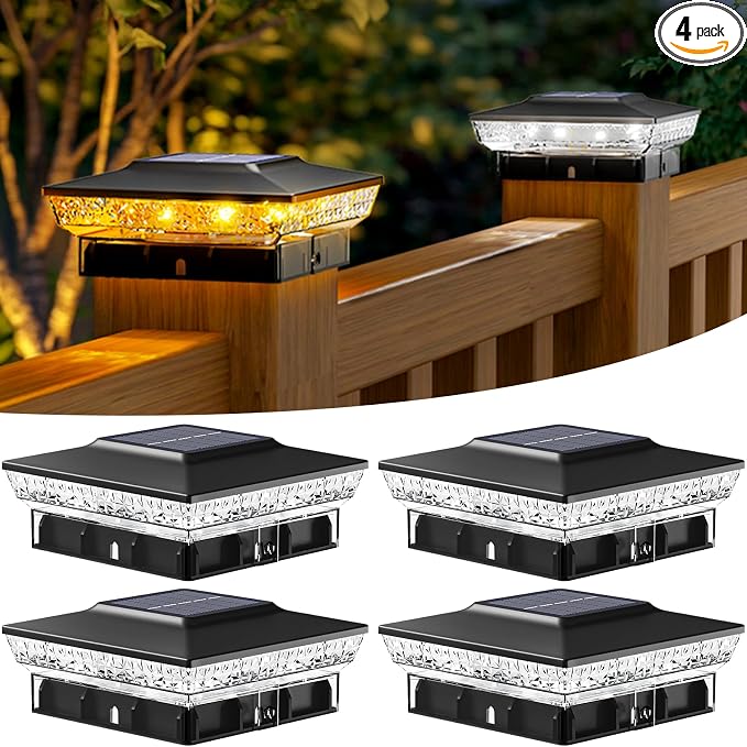 btfarm 4x4 Solar Post Cap Lights Outdoor, 2 Modes 16 LED Fence Deck Post Lights, 4 Pack Waterproof Black Solar Powered Lighting Outside Fit 4x4 3.5x3.5 Wooden/Vinyl for Porch Patio Garden
