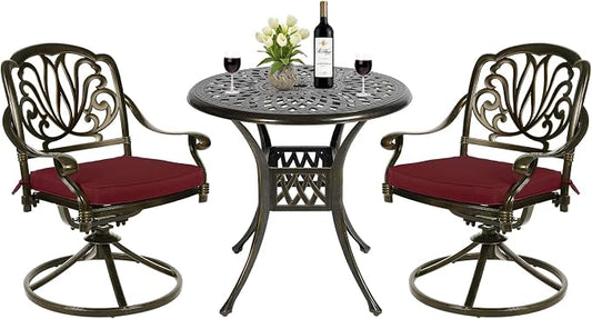 MEETWARM 3-Piece Outdoor Patio Dining Set, All-Weather Cast Aluminum Patio Conversation Set for Backyard Garden Deck with 2 Cushions Swivel Rocker Chairs and 31" Round Table, Umbrella Hole, Chili Red