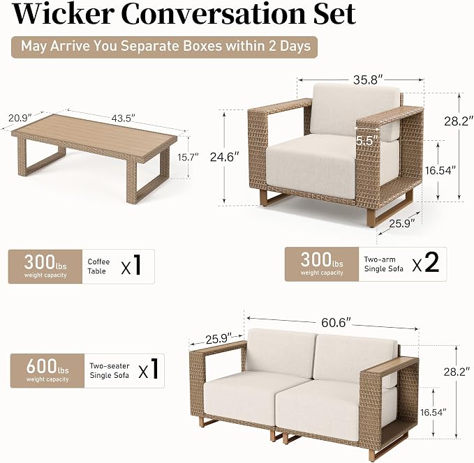 SUNSHINE VALLEY 4 Pieces Patio Furniture Set, Outdoor Rattan Wicker Conversation Set with 10''Ultra-Thick Cushions, Low Profile Patio Conversation Set for Lawn Garden Backyard,Beige