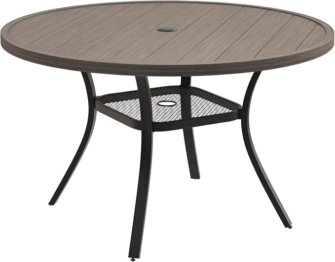 VICLLAX Metal Outdoor Dining Table for 4, All Weather 40.7" Black Round Patio Table with Adjustable Umbrella Hole for Lawn, Garden, Balcony and Poolsides, Grey Wood Grain Tabletop