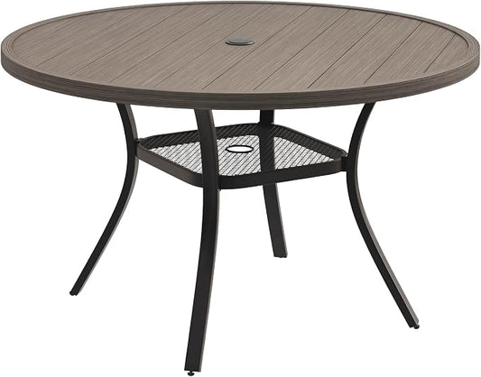 VICLLAX Metal Outdoor Dining Table for 4, All Weather 40.7" Black Round Patio Table with Adjustable Umbrella Hole for Lawn, Garden, Balcony and Poolsides, Grey Wood Grain Tabletop