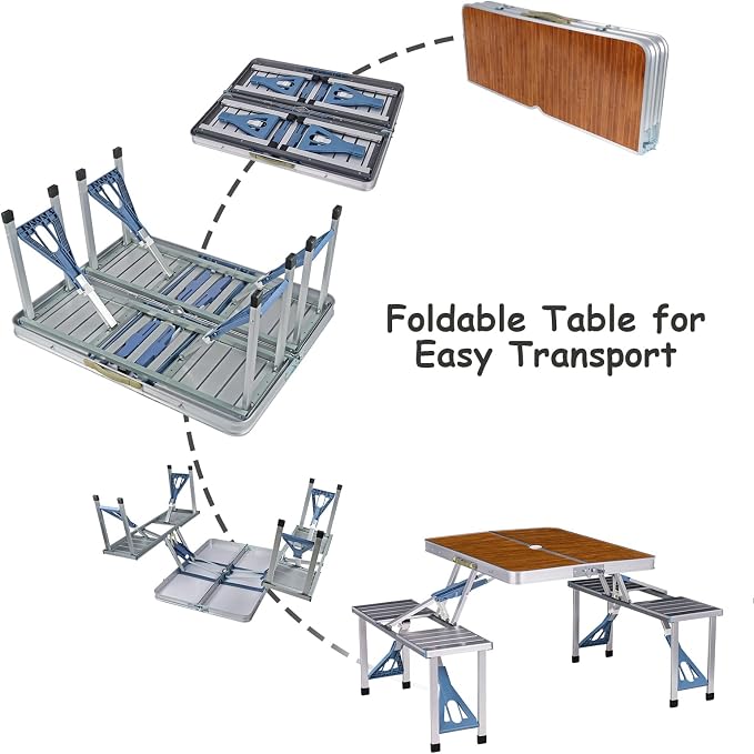 Picnic Table Folding Portable 4-Person Fold Up Travel Camping Table for Indoor, Outdoor Travel, Patio, Lawn, Garden (Bamboo Table)