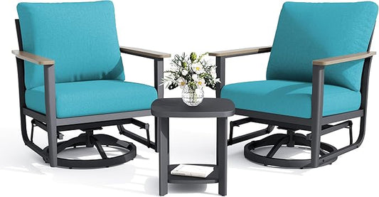 Aluminum Swivel Rocking Chairs, 3-Piece Outdoor Patio Furniture Set with Side Table, Rust-Proof Metal Gliders with Wood-Like Armrests & 5.1" Thick Cushions for Backyard, Porch, Blue