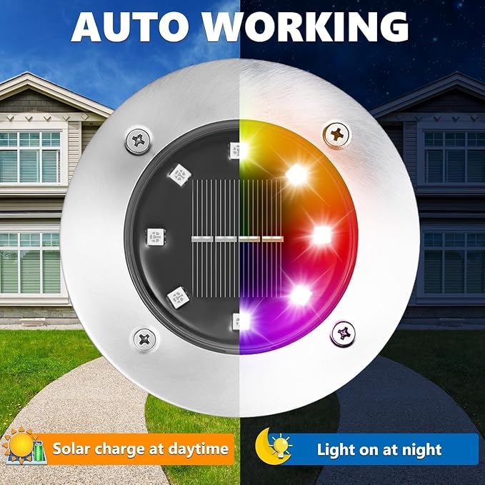 LYHOPE Solar Ground Light Outdoor, 8 Pack 8 LED Color Changing Solar Disk Lights Waterproof Garden In-ground Pathway Lights Landscape Lighting for Lawn,Yard,Deck,Patio,Walkway (RGB)