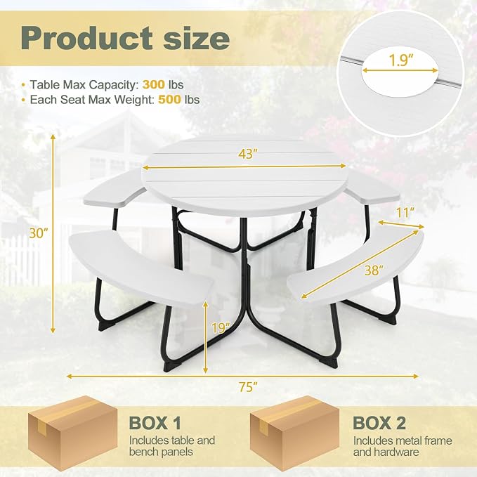 Tangkula 8 Person Picnic Table, Outdoor Round Picnic Table with 4 Built-in Benches, Umbrella Hole, Metal Frame & HDPE Tabletop, Outside Table and Bench Set for Backyard, 2300lbs Weight Capacity
