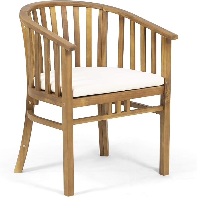 Christopher Knight Home Badaz Acacia Wood Patio Dining Set for 2, Solid Wood Outdoor Dining Table Set for 2, 3 Piece Outdoor Dining Set with Round Table and Armchair with Seat Cushion, Teak+Cream