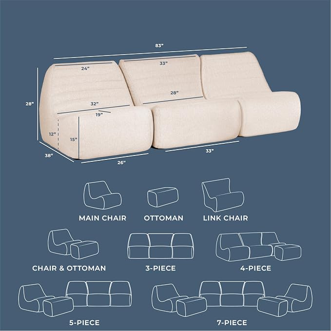 Big Joe Solvana Outdoor Sectional, 3 Piece Patio Furniture Set, Performance Linen Weather-Resistant Fabric Sofa, Sunlit Cream