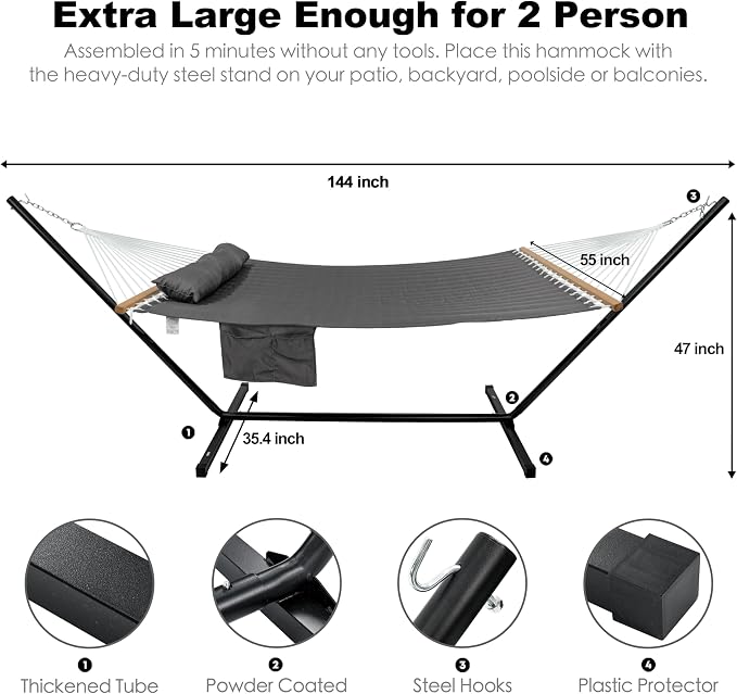 GAFETE 2 Person Hammock with Stand for Outside, Heavy Duty Steel Stand, 55inch Double Hammocks, Large Removable Pillow, Storage Bags, Max 475 lbs Capacity (Haze Gray)