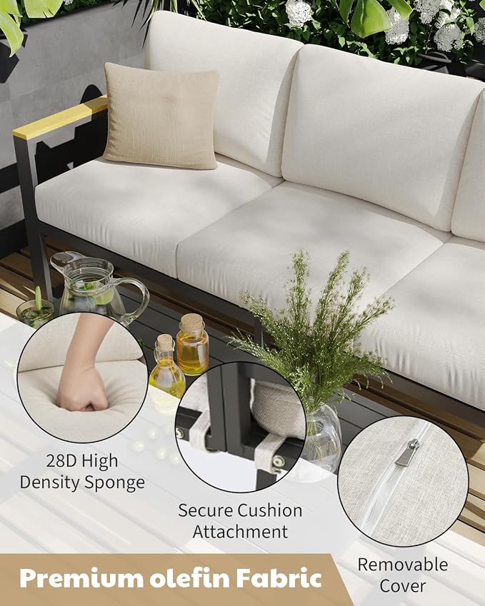 IDEALHOUSE Aluminum Patio Furniture Set, 7 Seats Outdoor Patio Conversation Sets with Coffee Table, 6 Pieces Metal Conversation Sectional Furniture Sofa for Balcony, Garden, Deck, Backyard,Beige
