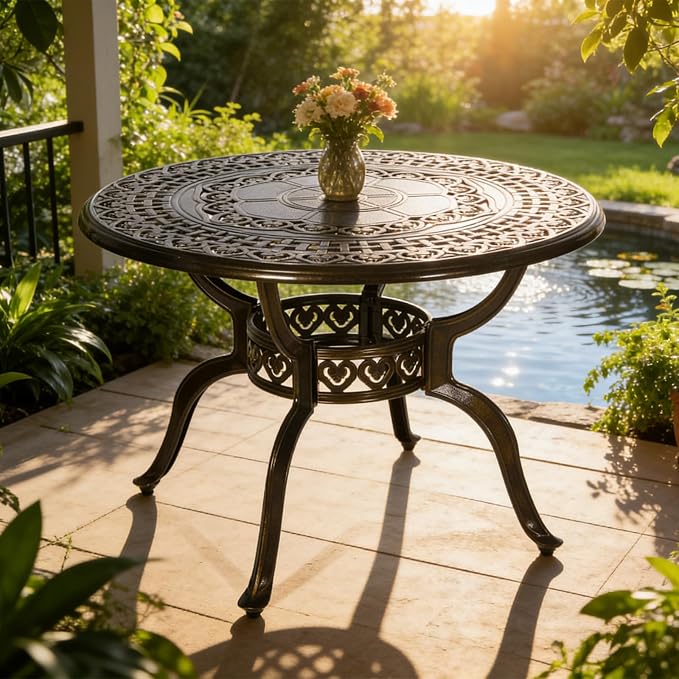 MEETWARM 38.5" Round Patio Dinning Table, Outdoor Cast Aluminum Dinning Table with 2" Umbrella Hole, Dark Bronze