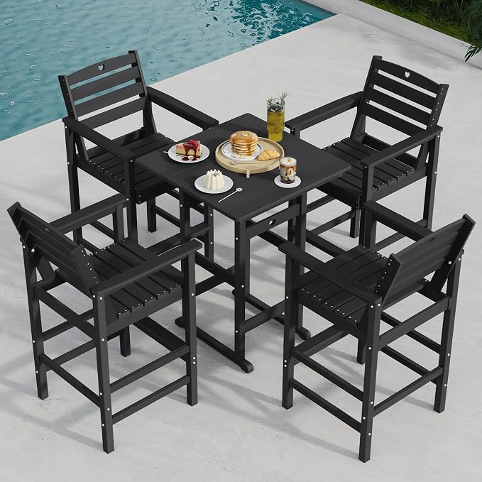 Tall Adirondack Chairs Set of 2, HDPE Wood Balcony Adirondack Chairs Set with Heart Cutout Design, Weather-Resistant Bar Height Furniture for Deck, Porch, Pool (Black)