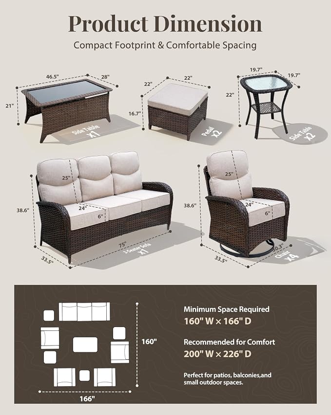 Patio Furniture Set with Luxury 6" Cushions, 10 Pieces Swivel Rocking Patio High Back Chairs, Couch and Ottoman, Outdoor Wicker Conversation Set for Deck, Porch, Backyard, Poolside, Beige