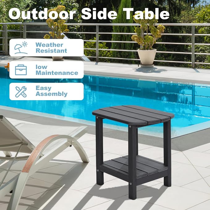 Adirondack Outdoor Side Table, 16.5” HDPE Small Patio Table with Storage Shelf, Weather Resistant End Table for Porch, Pool & Yard (Black)
