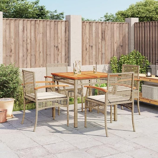 5 Piece Patio Dining Set with Cushions Beige Poly Rattan Outdoor Table and Chairs for Garden Backyard Deck, UV-Proof Wicker Furniture with Solid Acacia Wood Top, Removable Washable Cushion Covers