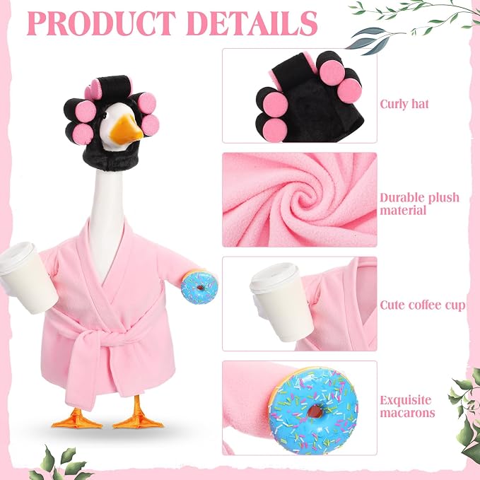 Shyyween Lady Porch Goose Outfits for 23'' Cement Plastic Geese Summer Statue Clothes Pink Bathrobe Coffee Cup Curlers for Outdoor Garden Lawn Yard Patio Decoration