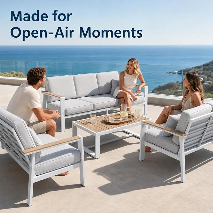 Modern All Weather Aluminum Patio Conversation Set,5 Pieces Oversized Metal Sectional Sofa Couch with Cushions and Coffee Table,Outdoor Furniture for Backyard,Porch,Garden, Balcony,Deck White