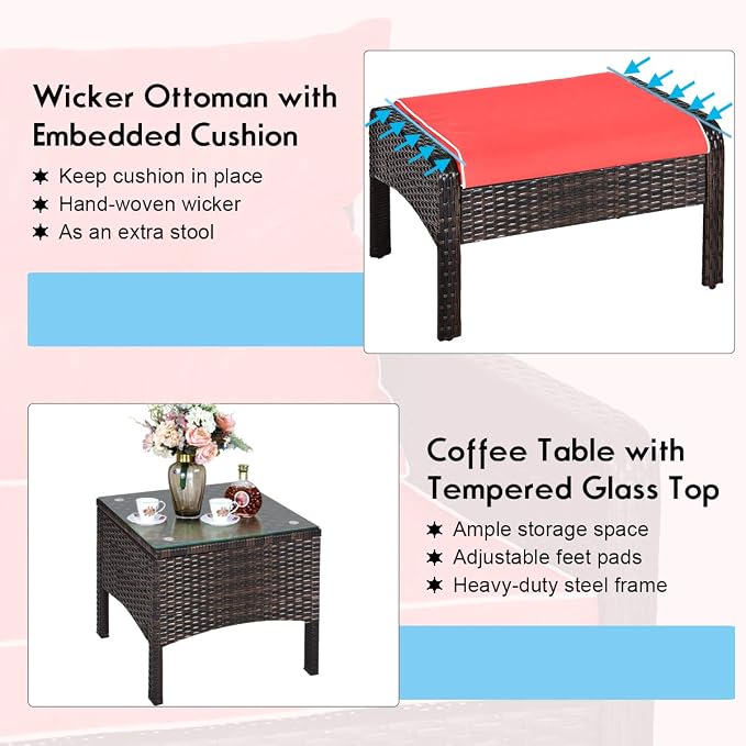 COSTWAY 5 PCS Patio Rattan Furniture Set, Outdoor Cushioned Sofa with Ottomans and Coffee Table, Wicker Conversation Set for Backyard Porch Lawn Poolsid, Red