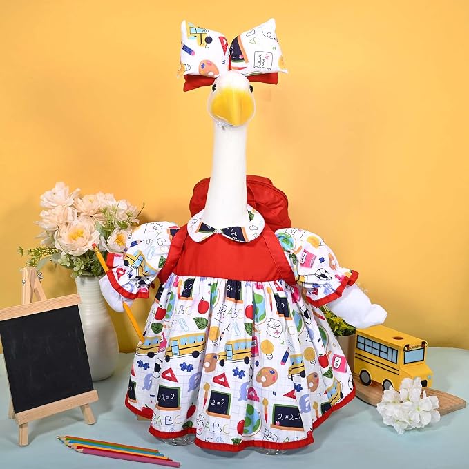 JcHrmers Back to School Porch Goose Outfits Includes Bow Headband Red Schoolbag Doll Collar Dress and Pencil for 23'' Cement Goose Statue for Garden Patio Lawn Yard Outdoor Decoration