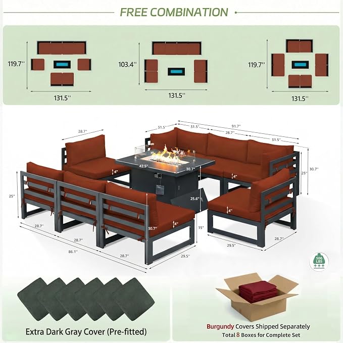 RADIATA 8 People Large Luxury Aluminum Patio Conversation Set with Fire Pit Table Propane/Gas, 29" Deep Wide U Shaped Sectional Couch, 500 lbs Heavy Duty UV Resistant Outdoor Sofa for Front Yard, Red